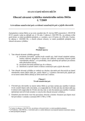 07/2009 - Obecně závazná vyhláška statutárního města Děčín k trvalému označování psů a evidenci označených psů a jejich chovatelů