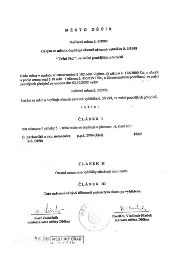 05/2002 - Nařízení města Děčín č. 5/2002, kterým se mění a doplňuje obecně závazná vyhláška města Děčín č. 3/1998 – TRŽNÍ ŘÁD, ve znění pozdějších předpisů