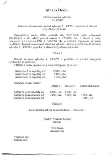 13/2000 - Obecně závazná vyhláška města Děčín č. 13/2000, kterou se mění obecně závazná vyhláška č.14/1999 o poplatku za užívání veřejného prostranství