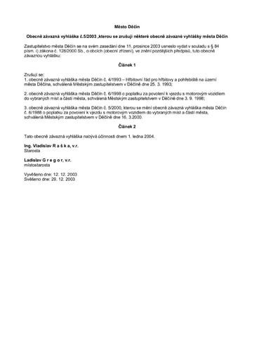 05/2003 - Obecně závazná vyhláška města Děčín, kterou se zrušují některé obecně závazné vyhlášky města Děčín