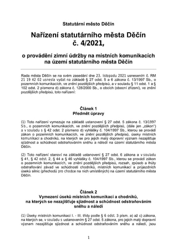 04/2021 - Nařízení města o provádění zimní údržby na místních komunikacích na území statutárního města Děčín