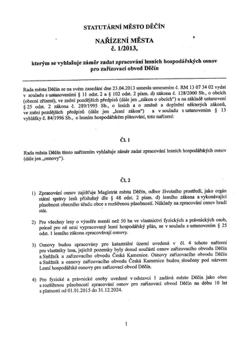 01/2013 - Nařízení statutárního města Děčín, kterým se vyhlašuje záměr zadat zpracování lesních hospodářských osnov pro zařizovací obvod Děčín