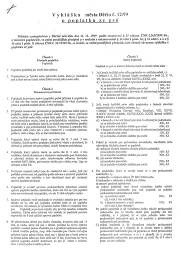 12/1999 - Obecně závazná vyhláška města Děčína č. 12/1999 o poplatku ze psů