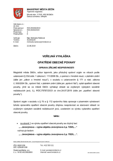 Veřejná vyhláška – Opatření obecné povahy – oprava zřejmé nesprávnosti – účinnost 06.09.2019