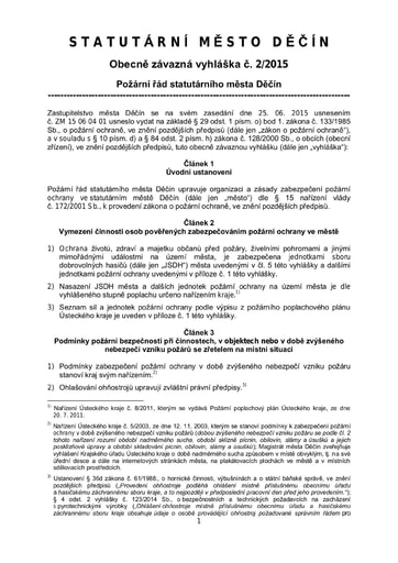 02/2015 - Obecně závazná vyhláška statutárního města Děčín – Požární řád statutárního města Děčín