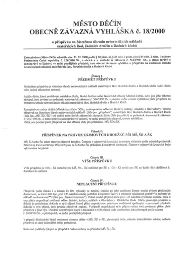 18/2000 - Obecně závazná vyhláška města Děčín č. 18/2000 o příspěvku na částečnou úhradu neinvestičních nákladů mateřských škol, školních družin a školních klubů