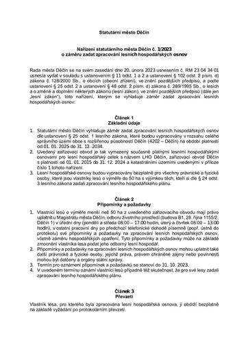 01/2023 - Nařízení statutárního města Děčín o záměru zadat zpracování lesních hospodářských osnov