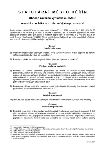 03/2016 - Obecně závazná vyhláška statutárního města Děčín o místním poplatku za užívání veřejného prostranství