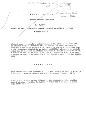 06/1999 - Obecně závazná vyhláška města Děčína č. 6/1999, kterou se mění a doplňuje obecně závazná vyhláška č. 3/1998 „Tržní řád“