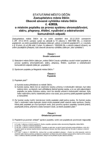 04/2019 - Obecně závazná vyhláška statutárního města Děčín o místním poplatku za provoz systému shromažďování, sběru, přepravy, třídění, využívání a odstraňování komunálních odpadů