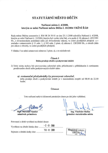04/2008 - Nařízení statutárního města Děčín č. 4/2008, kterým se mění nařízení města Děčín č. 10/2004 TRŽNÍ ŘÁD