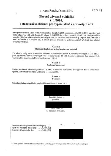01/2014 - Obecně závazná vyhláška statutárního města Děčín o stanovení koeficientu pro výpočet daně z nemovitých věcí