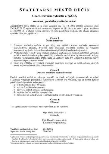 04/2016 - Obecně závazná vyhláška statutárního města Děčín o omezení potulného pouličního umění