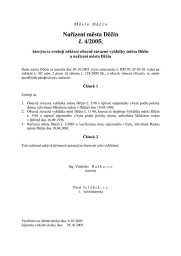 04/2005 - Nařízení města Děčín, kterým se zrušují některé obecně závazné vyhlášky města Děčín a nařízení města Děčín