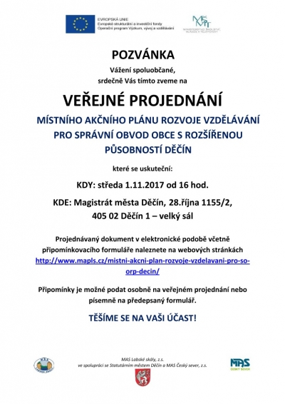 Veřejné projednávání Místního akčního plánu rozvoje vzdělávání pro správní obvod obce s rozšířenou působností