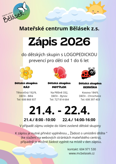 Mateřské centrum Bělásek z. s. - Zápis 2026